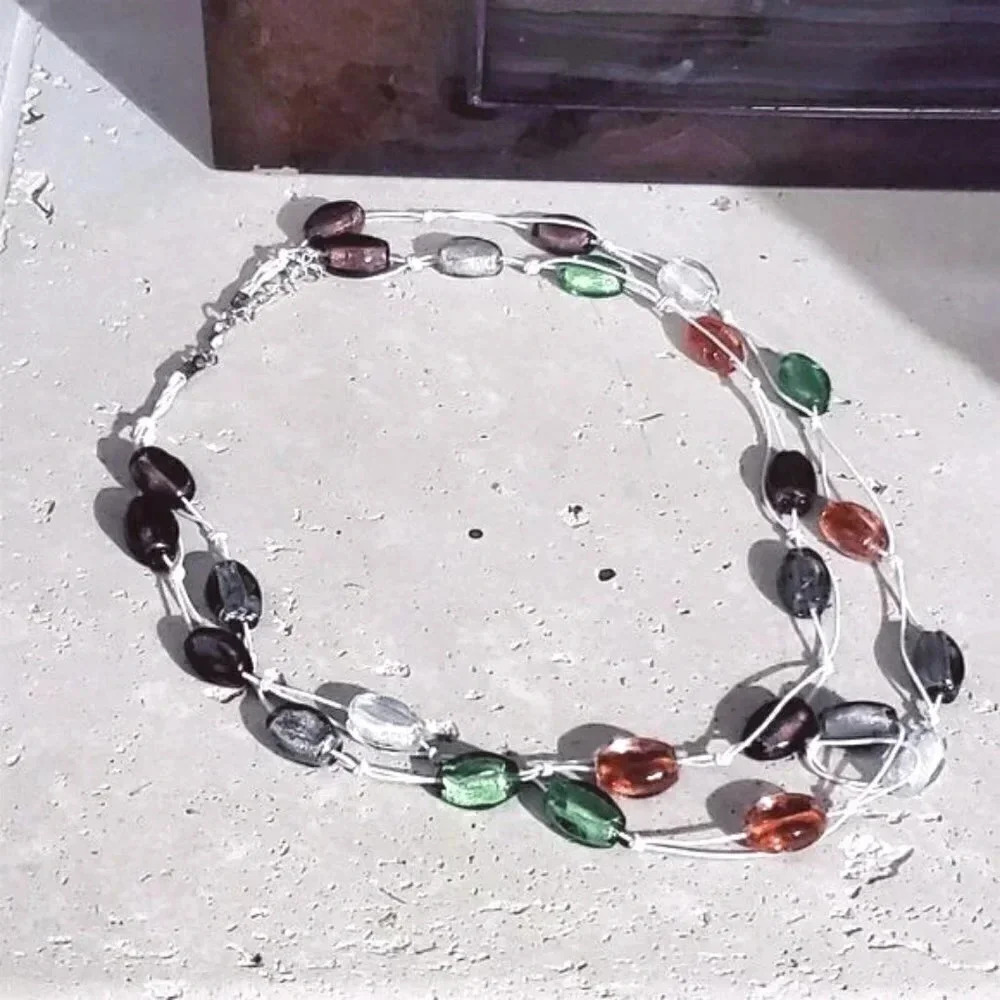 Lampwork Glass Beads Double Strand 24 Long Jewel Tone Colors Necklace 34$